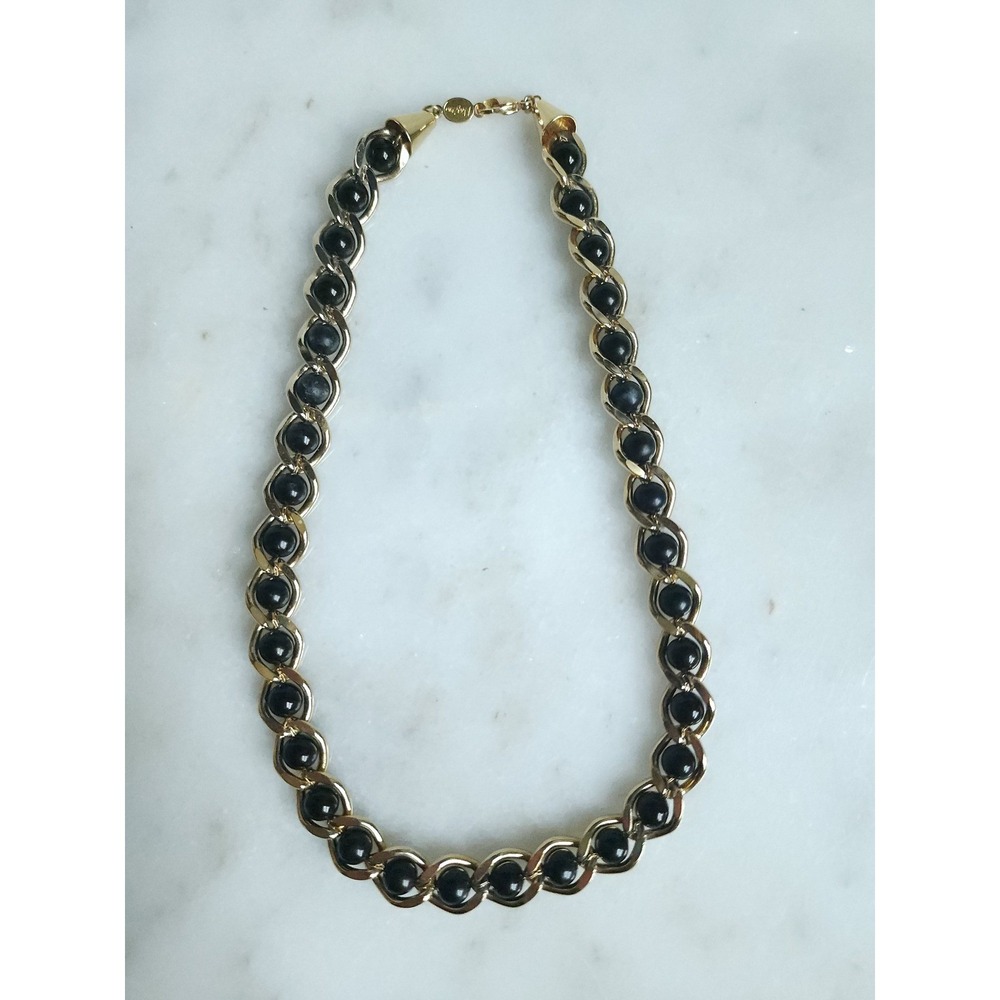 VTG Napier Necklace Women Chain Link Caged Black Beads Gold Tone Luxury OldMoney